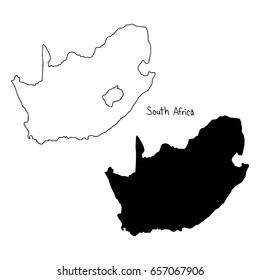 outline and silhouette map of South Africa - vector illustration hand drawn with black lines, isolated on white background