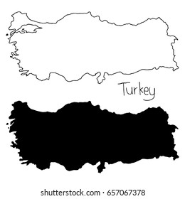 outline and silhouette map of Turkey - vector illustration hand drawn with black lines, isolated on white background