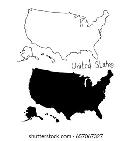 outline and silhouette map of The United states - vector illustration hand drawn with black lines, isolated on white background