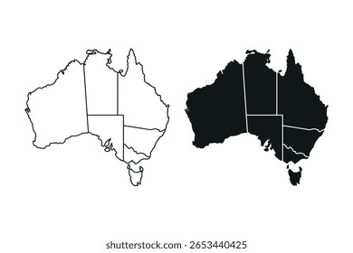 Outline and silhouette maps of australia showing state borders