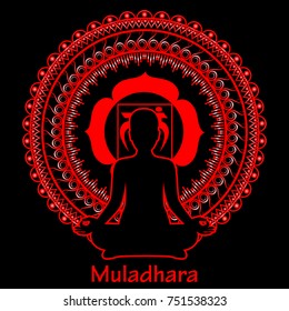 Outline silhouette of meditating women on black background. Muladhara chakra. Vector illustration.