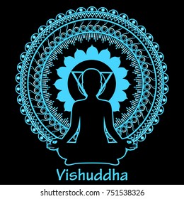 Outline silhouette of meditating women on black background. Vishuddha chakra. Vector illustration.