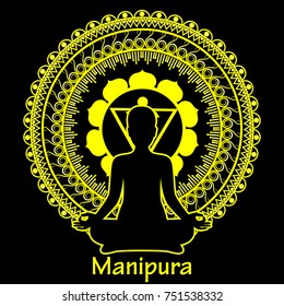 Outline silhouette of meditating women on black background. Manipura chakra. Vector illustration.