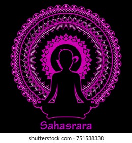 Outline silhouette of meditating women on black background. Sahasrara chakra. Vector illustration.