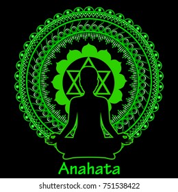 Outline silhouette of meditating women on black background. Anahata chakra. Vector illustration.