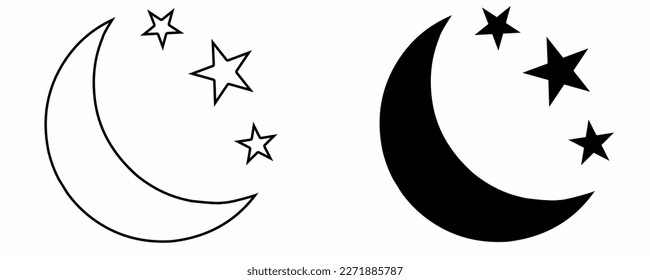 outline silhouette moon stars icon set isolated on white background