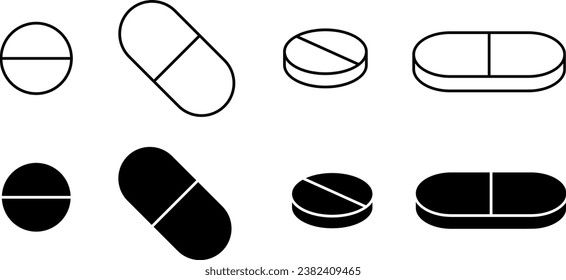 outline silhouette pill icon set