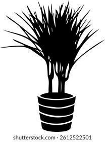 Outline silhouette of a potted dracaena in black color.  Hand-drawn illustration of a house plant for creative use.