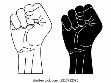 outline Silhouette raised fist hand set isolated on white background