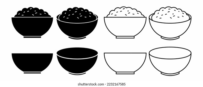 outline silhouette rice bowl icon set isolated on white background