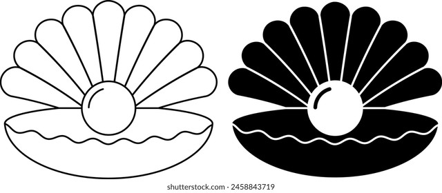 outline silhouette seashell with pearl icon set