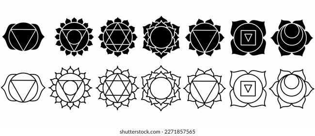 outline silhouette seven chakra symbols set isolated on white background.muladhara,svadhishthana,manipura,anahata,vishuddha,ajna,sahasrara