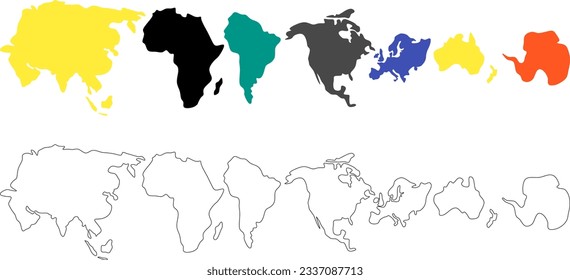 Skizze Silhouette, 7-Kontinentalkarte einzeln auf weißem Hintergrund