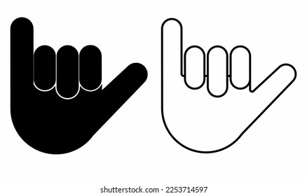 outline silhouette Shaka hand sign set isolated on white background