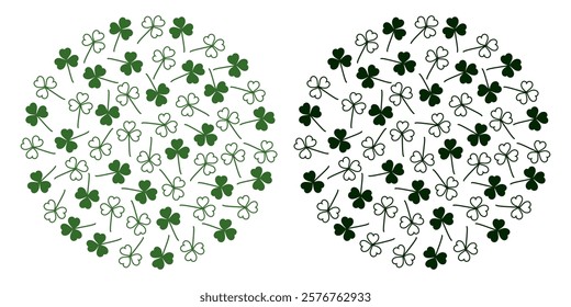 Outline and Silhouette shamrock St Patrick Day Circular Background Texture Monochrome Minimalism Set