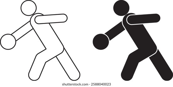 outline silhouette side view bowling player in a throwing motion, holding a bowling ball icon set