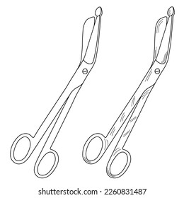 Outline silhouette sketch scissors, shears, pair of scissors. Medical instrument. Hospital, medical 