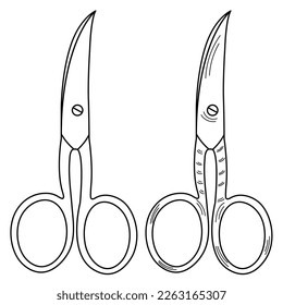 Outline silhouette sketch scissors, shears, pair of scissors. Medical instrument. Hospital, medical 