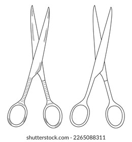 Outline silhouette sketch scissors, shears, pair of scissors. Medical instrument. Hospital, medical 