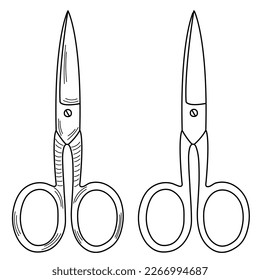 Outline silhouette sketch scissors, shears, pair of scissors. Medical instrument. Hospital, medical 