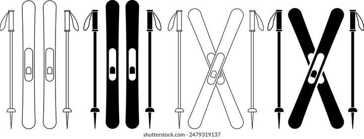 outline silhouette ski and sticks icon set