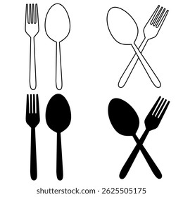 outline silhouette spoon and fork icon set isolated on white background
