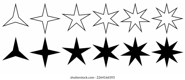 icono de las estrellas de silueta de esquema aislado en fondo blanco.Icono de estrellas con diferentes puntas tres, cuatro, cinco, seis, siete, ocho