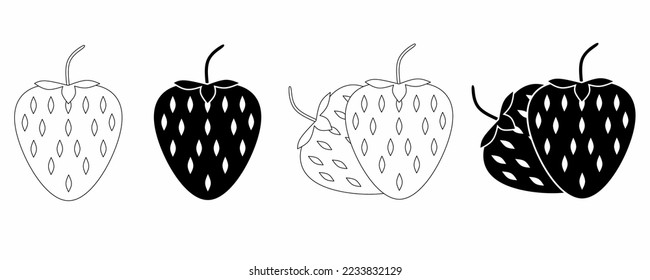 outline silhouette strawberry icon set isolated on white background