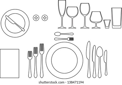 Outline Silhouette Of Tableware. Etiquette Proper Table Setting