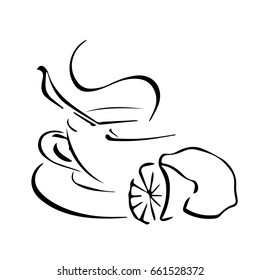 outline silhouette tea Cup and lemon