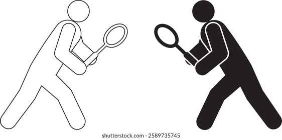 outline silhouette tennis player icon set