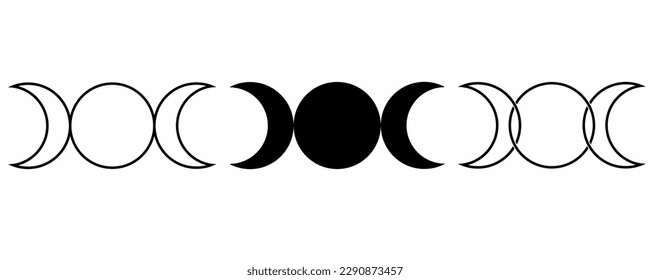 outline silhouette Triple goddess symbol set isolated on white background