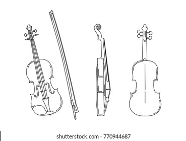 Outline silhouette of violin in different positions, front, back, profile with bow, isolated graphic sketch