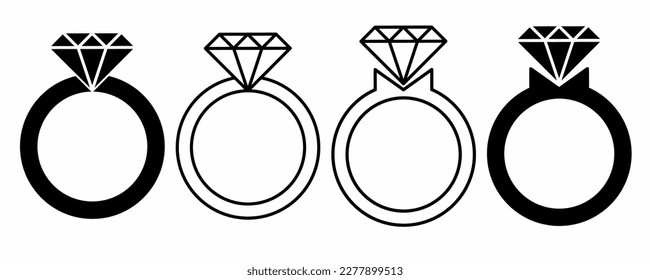 outline silhouette wedding ring icon set isolated on white background