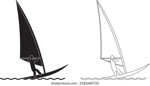 outline silhouette Windsurfing icon set