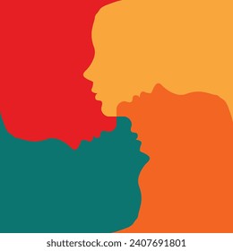 Outline silhouette of woman heads with different colors. Duplicity if character and behavior dualism