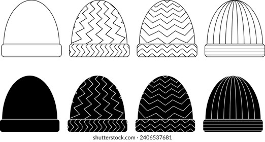 outline silhouette wool beani cap icon set