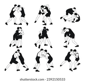 Outline silhouettes of athletes wrestlers. Greco Roman, freestyle, classical wrestling