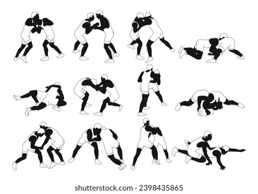 Outline silhouettes of athletes wrestlers. Greco Roman, freestyle, classical wrestling