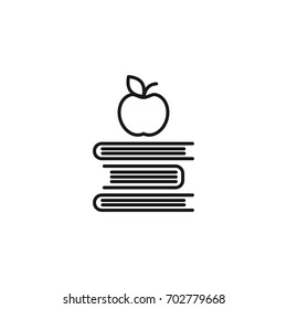Outline Silhouettes of  Books and apple.  Isolated on white background. Flat icon. Vector illustration. Knowledge logo. Education pictogram. Black and white