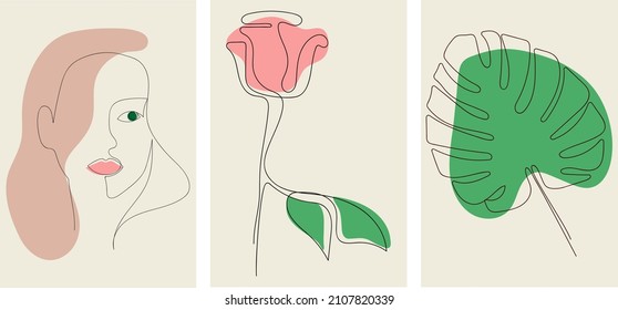 Umrisssilhouetten. Farbige Formen. Set von drei modernen abstrakten Zeichnungen. Kontinuierliche Linie, minimalistisch. Pastellfarben