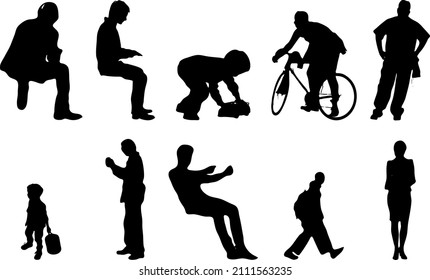 Outline silhouettes of people, Contour drawing, people silhouette, Icon Set Isolated , Silhouette of sitting people, Architectural set