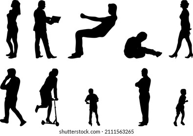 Outline silhouettes of people, Contour drawing, people silhouette, Icon Set Isolated , Silhouette of sitting people, Architectural set