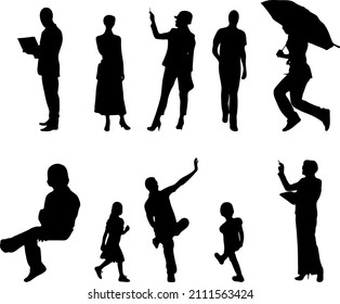 Outline silhouettes of people, Contour drawing, people silhouette, Icon Set Isolated , Silhouette of sitting people, Architectural set
