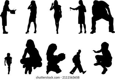 Outline silhouettes of people, Contour drawing, people silhouette, Silhouette of sitting people, Architectural set