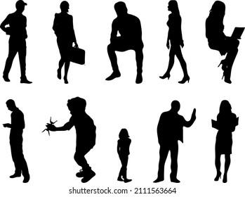 Outline silhouettes of people, Contour drawing, people silhouette, Silhouette of sitting people, Architectural set
