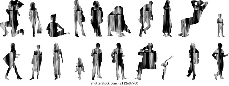 Outline silhouettes of people, Contour drawing, people silhouette, architecture sketch people , Silhouette of sitting people, Architectural set