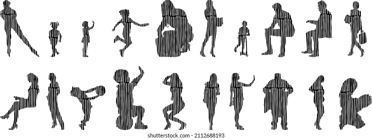 Outline silhouettes of people, Contour drawing, people silhouette, architecture sketch people , Silhouette of sitting people, Architectural set