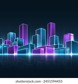 Outline silhouettes of skyscrapers in a futuristic night city in neon color.