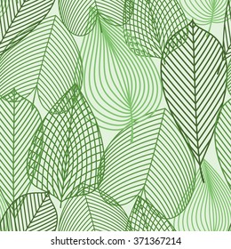 Outline silhouettes of spring green leaves seamless pattern. For nature, background or wallpaper design with birch, chestnut and elm leaves